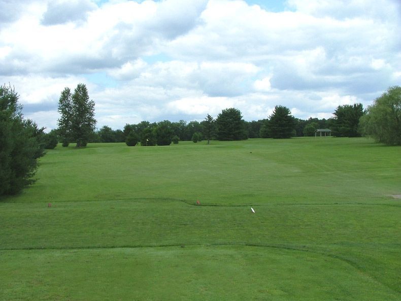 Wide green golf course fairway with trees and cloudy sky