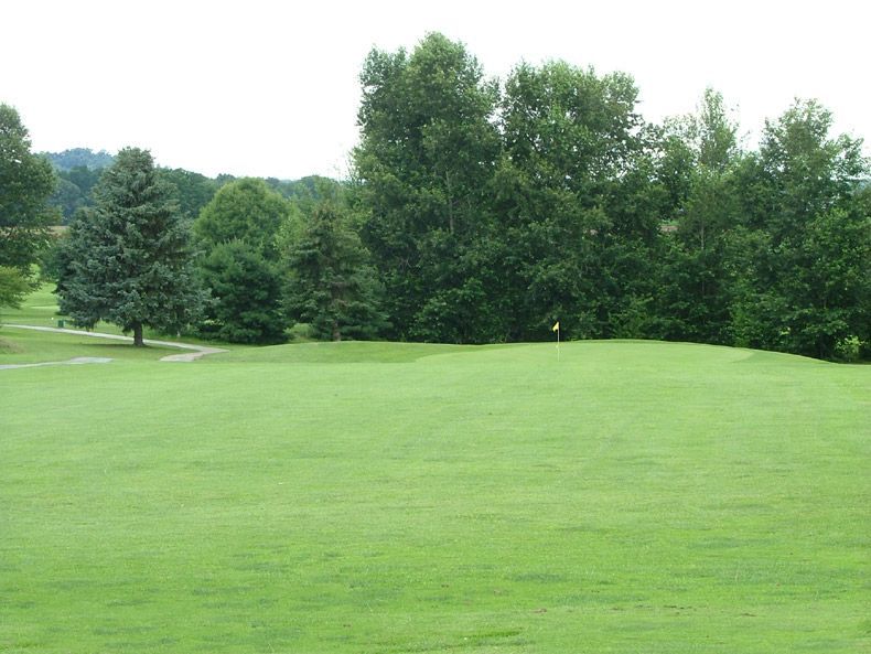 Grassy golf course fairway with rolling green hills and trees under a bright sky