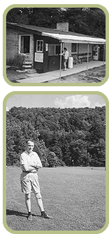 Two black-and-white photos: a man on a porch and a golfer standing on a grassy field.