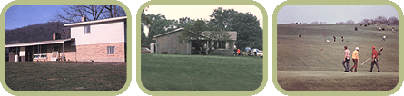 Three small photos of a rural scene: a pink building, a hut in grass, and people in an open field