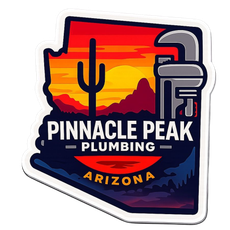 Hexagon logo with mountains, trees, and campfire in orange and blue.