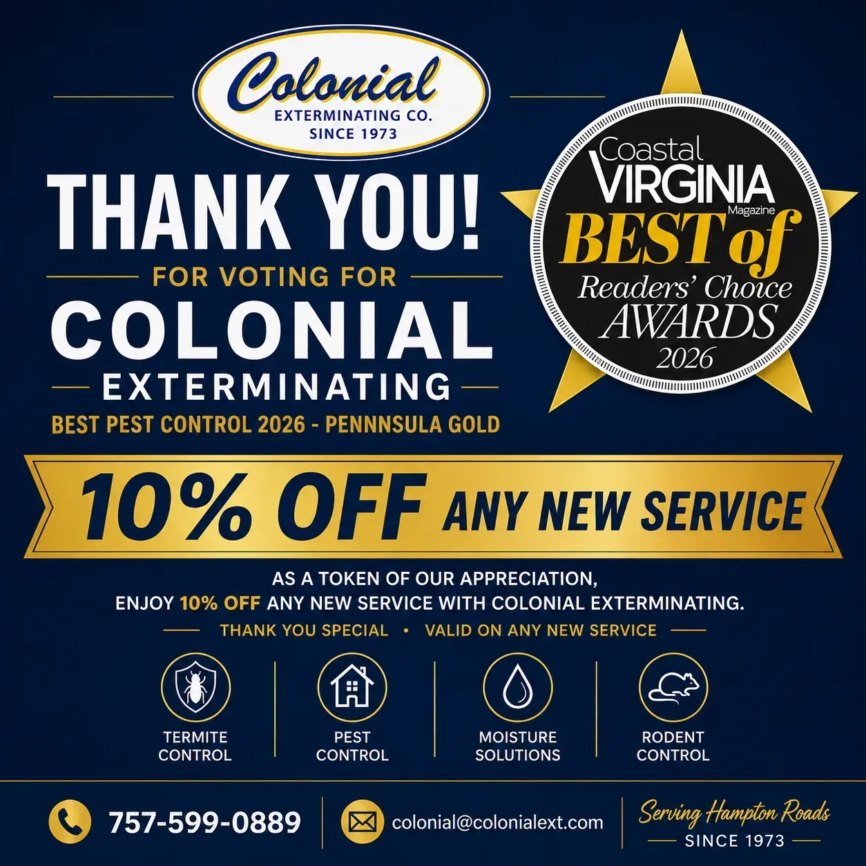 Colonial Exterminating thank-you ad with 10% off new service and Virginia Best Of 2024 award badges