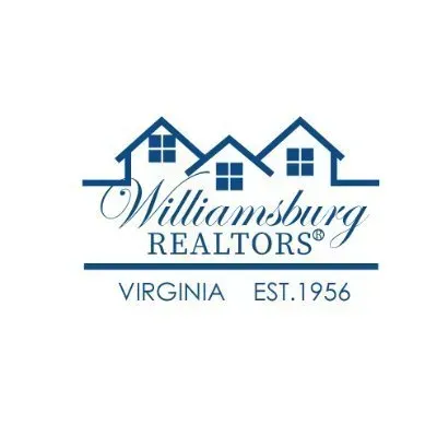 Logo for Williamsburg Realtors in Virginia. Features three blue house silhouettes with a white background, and text.