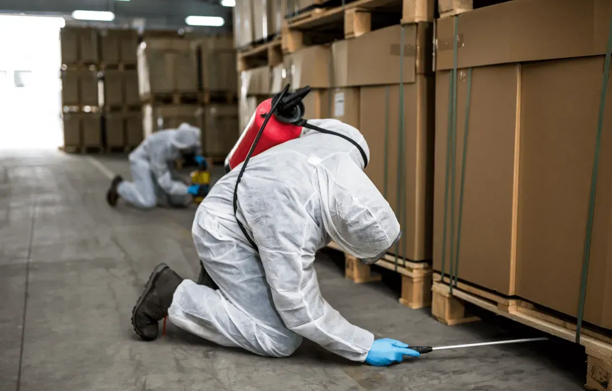 Worker in white protective suit kneeling beside stacked boxes in a warehouse, inspecting the floor with a tool