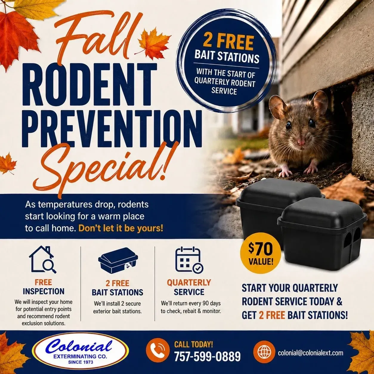 Fall rodent prevention special ad with rat, trap, and “2 free bait stations” offer