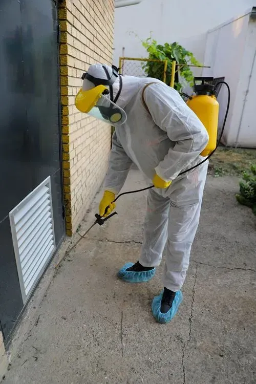Person in white protective suit and respirator spraying a wall outdoors with a yellow sprayer