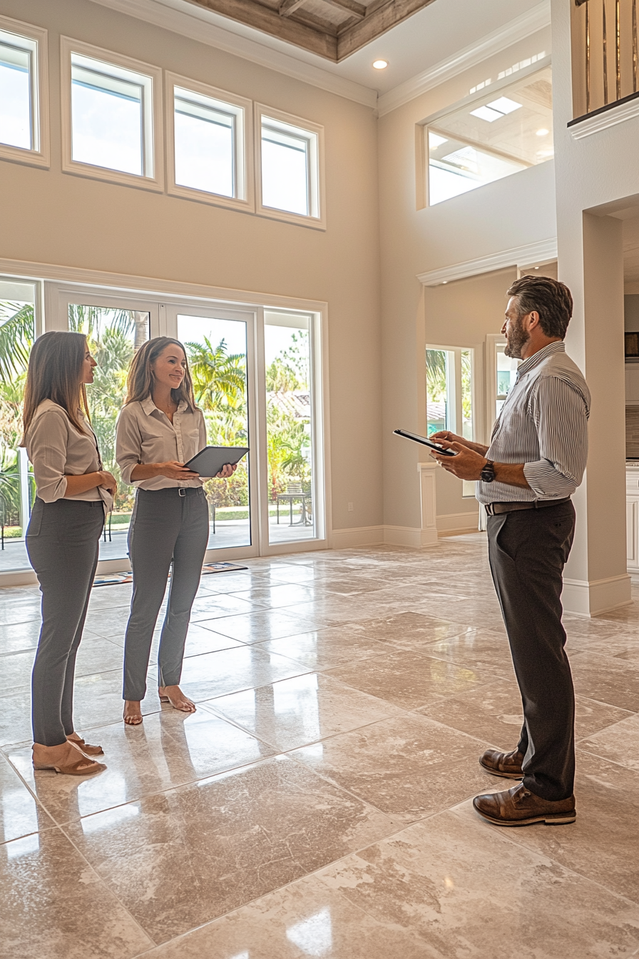 A man and two women are standing in an empty house talking to each other.