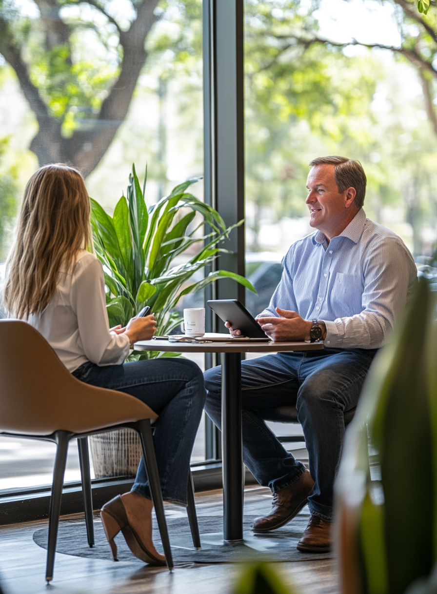 A man and a woman are sitting at a table talking to each other.