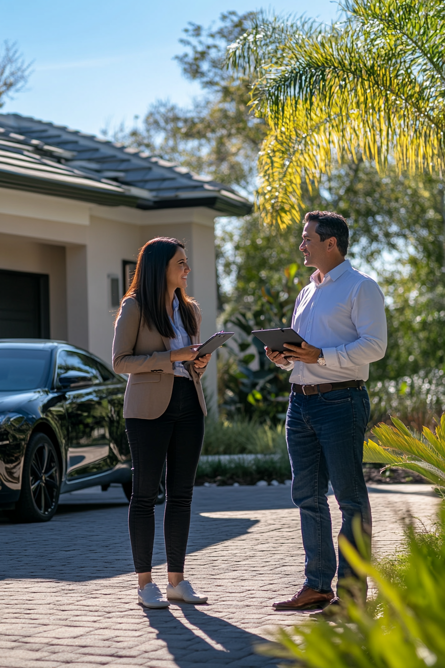 A man and a woman are standing in front of a house talking to each other.