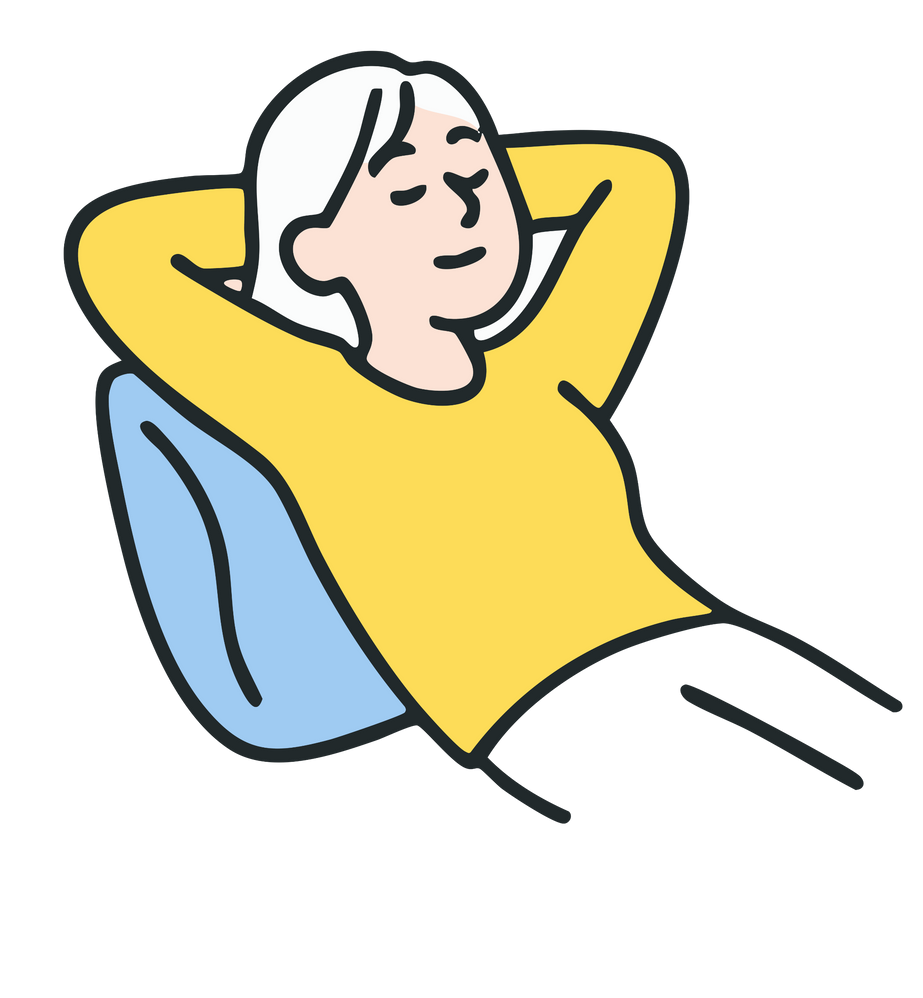 Person reclining with hands behind head on a blue pillow, wearing a yellow shirt and looking relaxed.