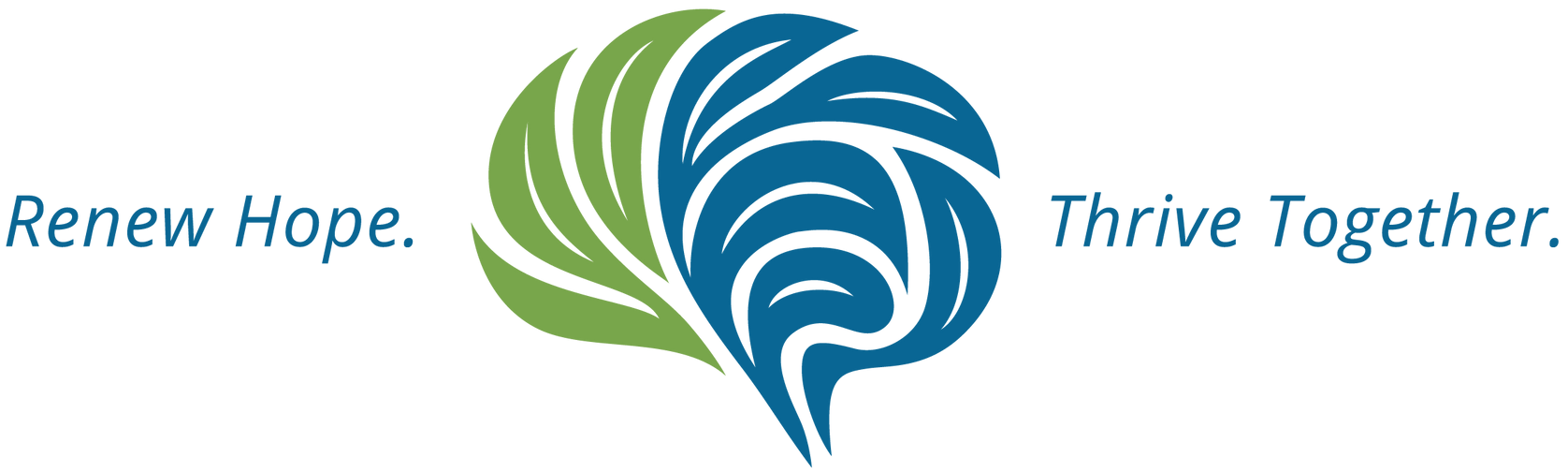 Blue and green abstract leaf logo with the words “Renew Hope.” and “Thrive Together.”