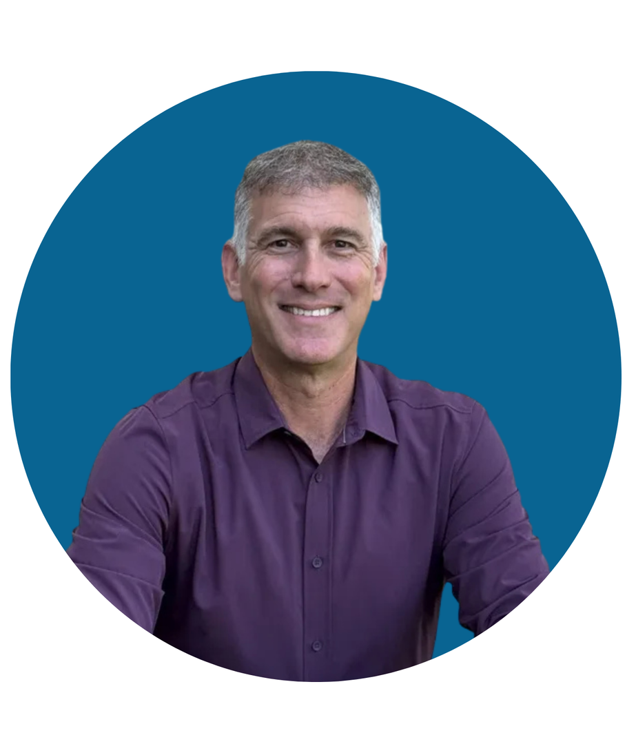 Smiling person in a purple shirt against a blue circular background