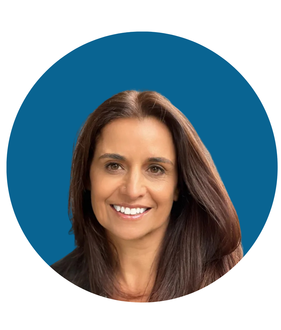 Smiling woman with long brown hair on a blue circular background