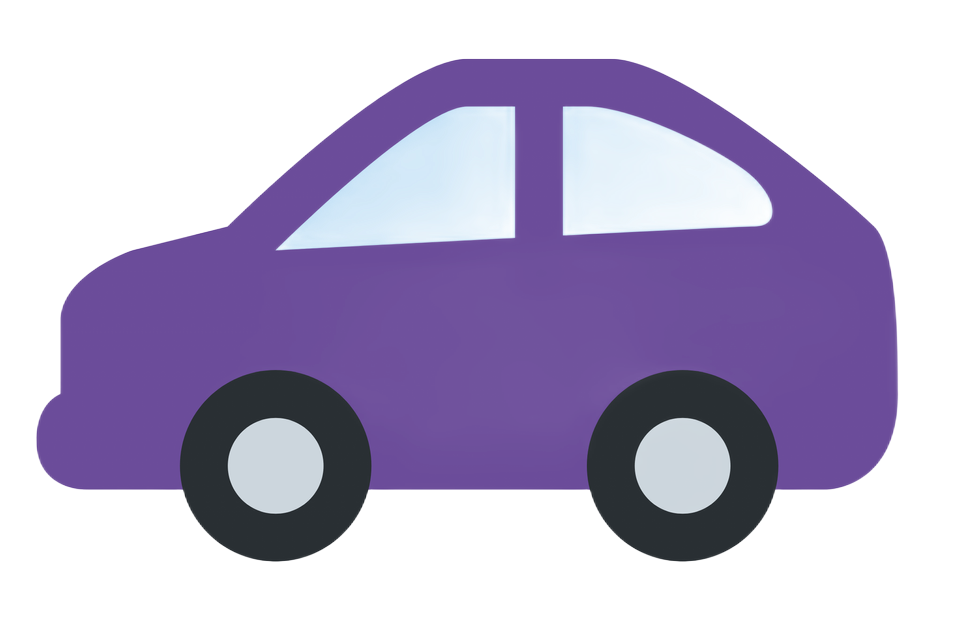 Purple car icon with black wheels and light blue windows