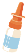 Orange and white nasal spray bottle with blue label, tilted on a plain background