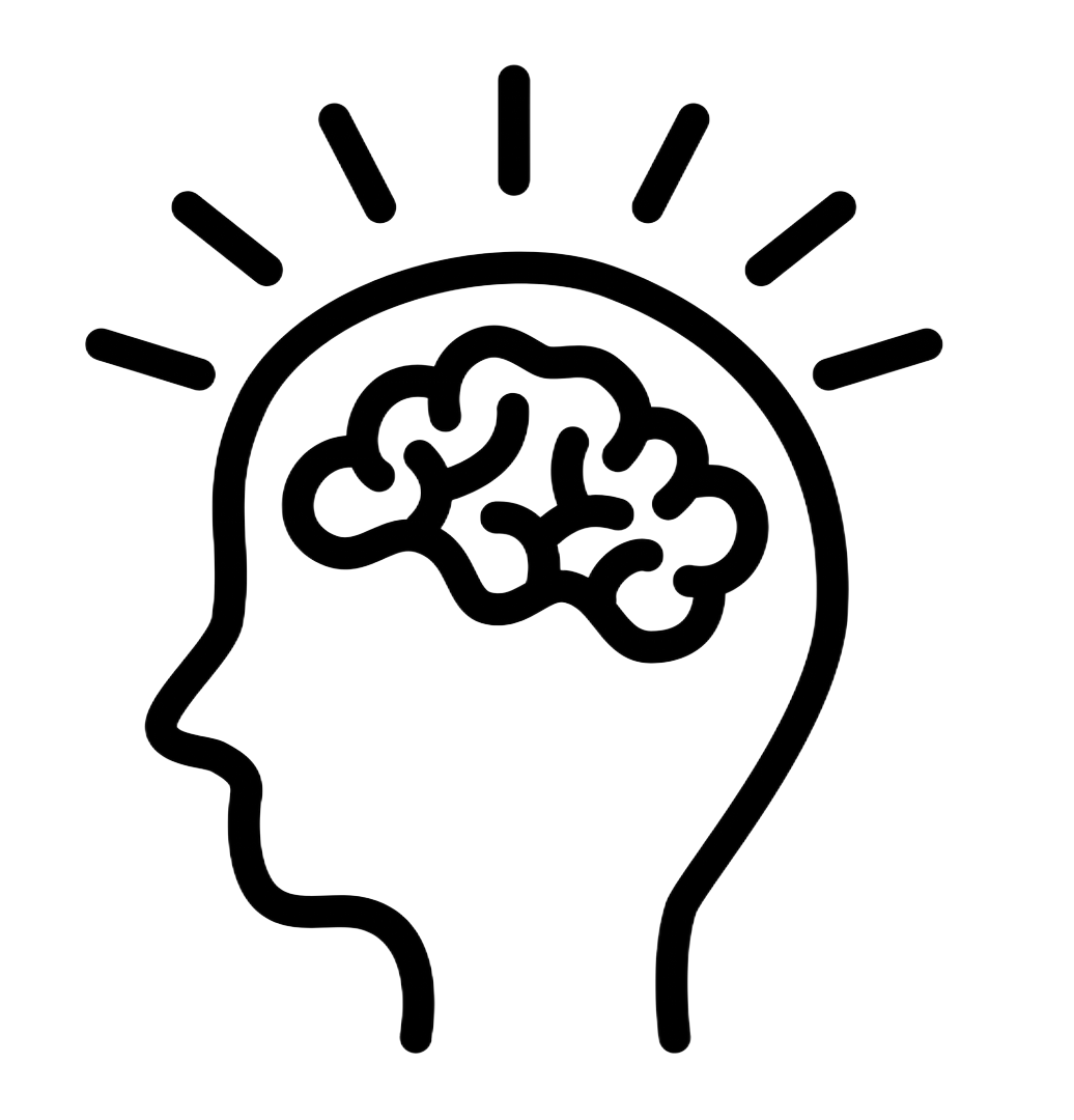 Line art of a head with a brain and radiating light rays above it