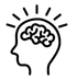 Black outline of a head with a brain and radiating lines, symbolizing an idea or mental insight