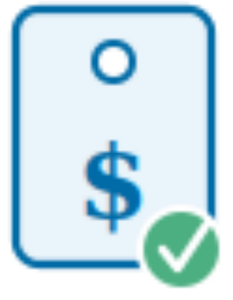 Blue price tag with dollar sign and green checkmark badge