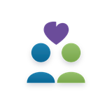 Two blue and green user icons with a purple heart above them, symbolizing connection or community