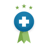 Blue medical badge with white cross, green ribbon, and three green stars above it.
