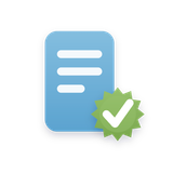 Blue document icon with white lines and green checkmark badge
