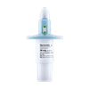 Orange and white nasal spray bottle with blue label, tilted on a plain background