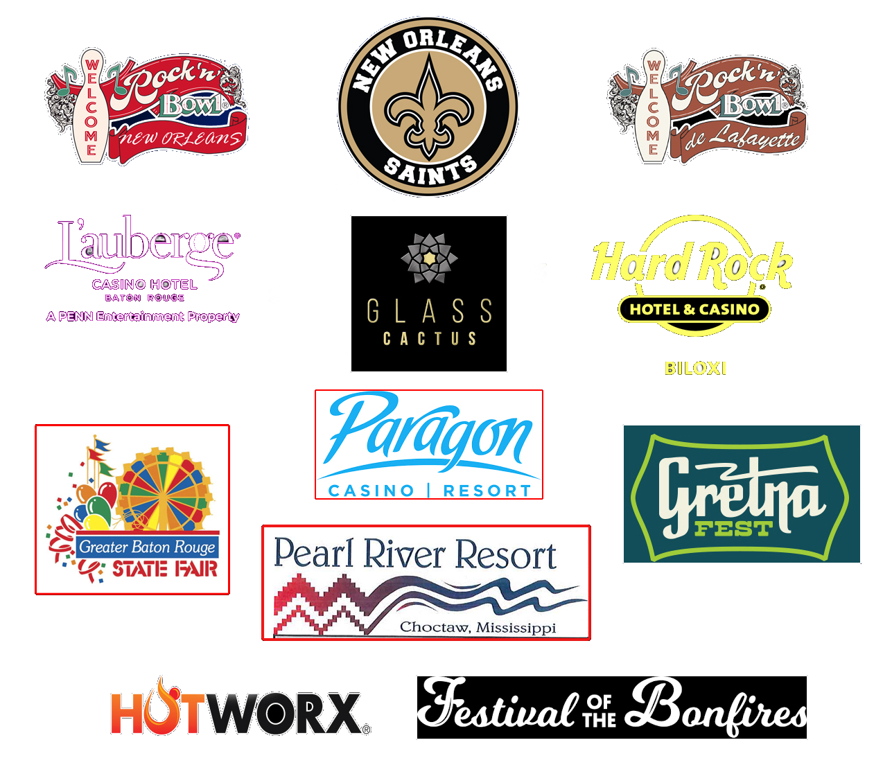 A bunch of logos on a white background including pearl river resort