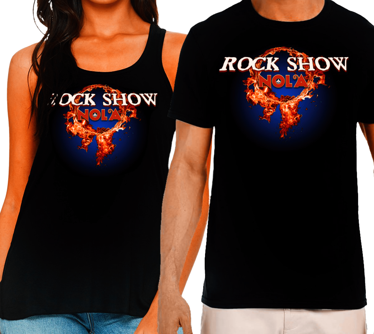 A man and a woman wearing rock show shirts