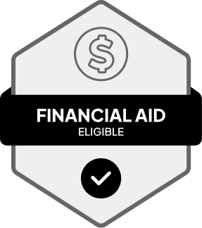 Badge: Financial Aid Eligible, blue banner, building icon, dollar sign.
