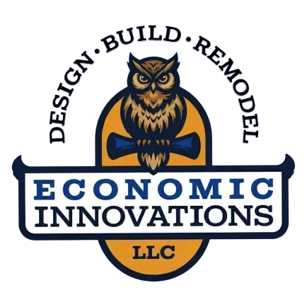 Logo with owl and text “ECONOMIC INNOVATIONS LLC” in navy and orange