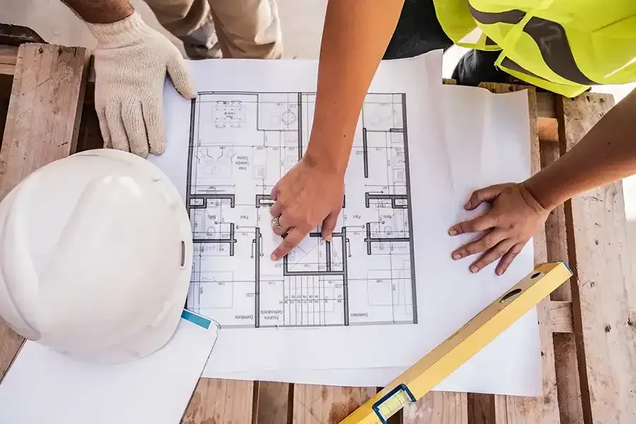 Hands and tools reviewing a house floor plan at a construction site