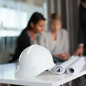 White hard hat and rolled blueprints on a desk with blurred people in the background