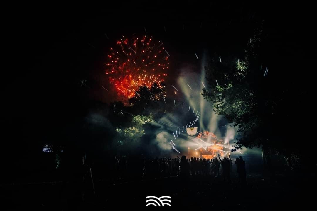 A crowd of people are watching fireworks in the night sky.