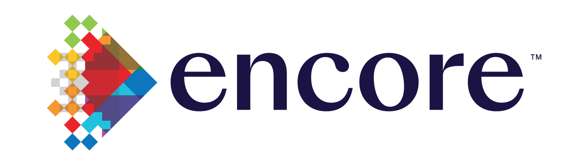 A logo for encore with a colorful diamond in the middle