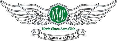A logo for the north shore aero club with wings and a banner.