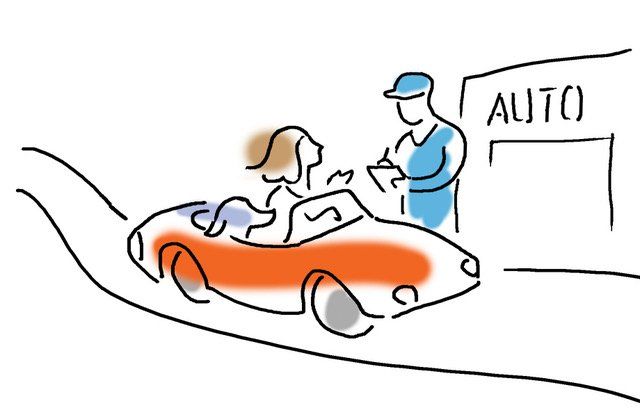 Cartoon image of woman in car at autoshop talking with service advisor