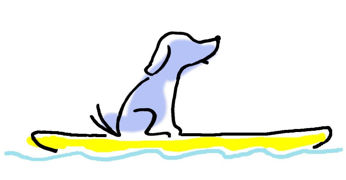 Paddleboard logo - cartoon image of dog seated on paddleboard