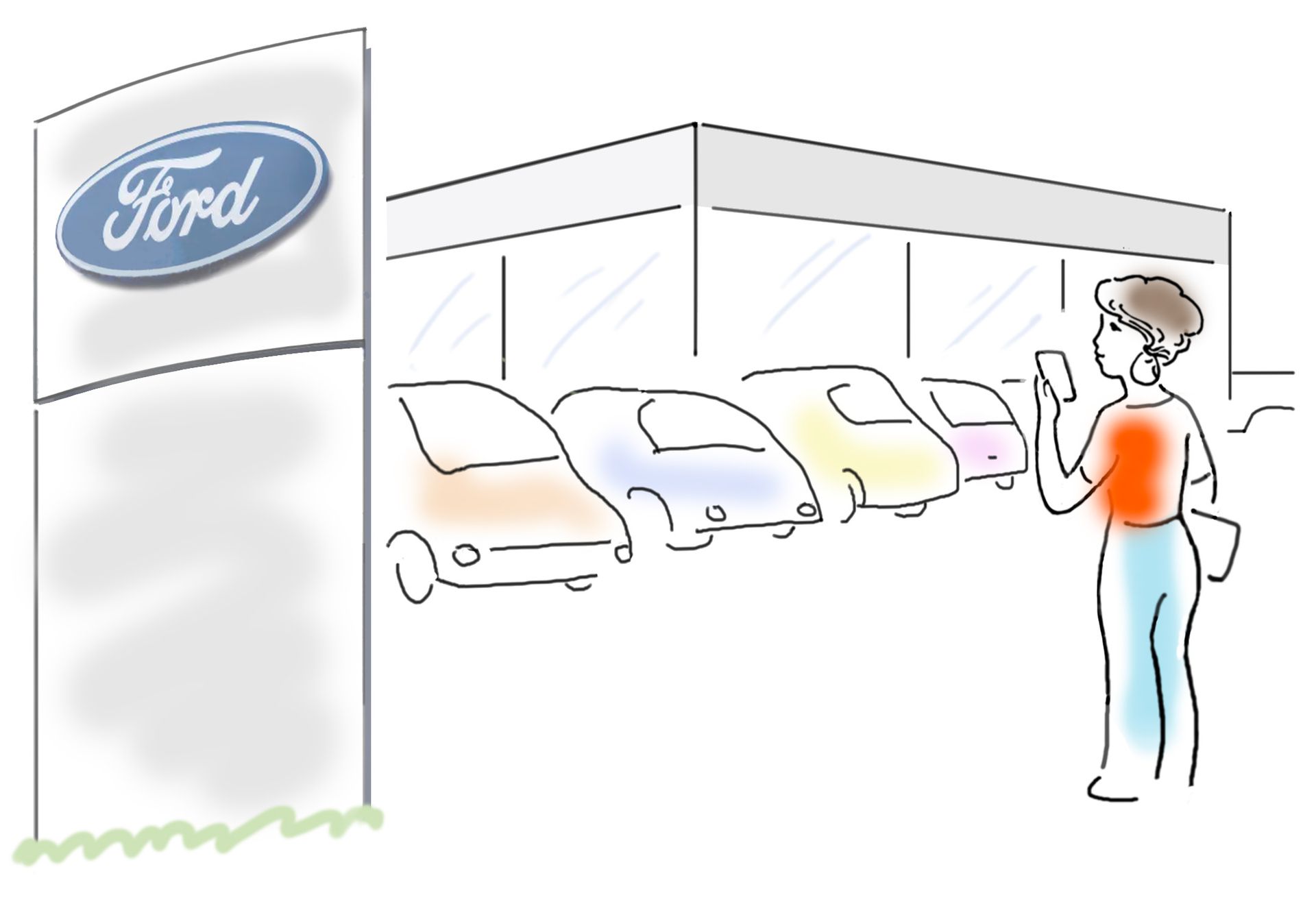 Cartoon drawing of a woman standing next to a dog in front of a Quick Lane store