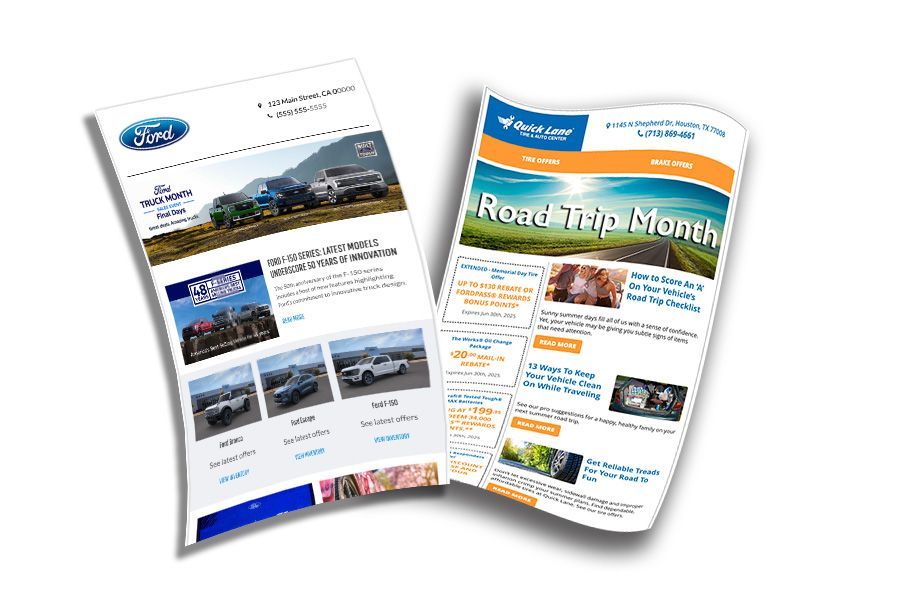 Sample image of two email campaigns - Ford and Quick Lane. 