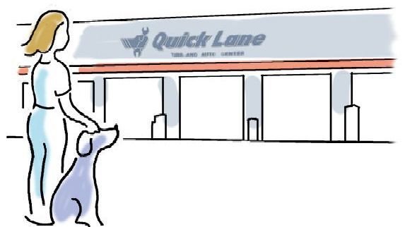 Cartoon image of woman with dog at Quick Lane Shop