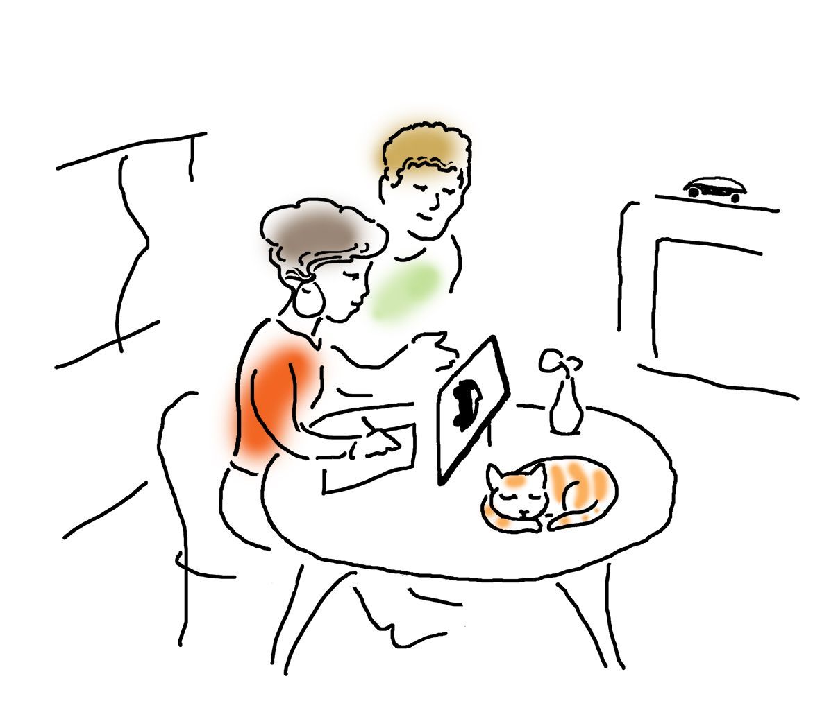 A drawing of a man and woman sitting at a looking at dealership website on computer