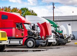 Row of semi trucks in a lot, with red, white, and green cabs, some with hoods open for maintenance