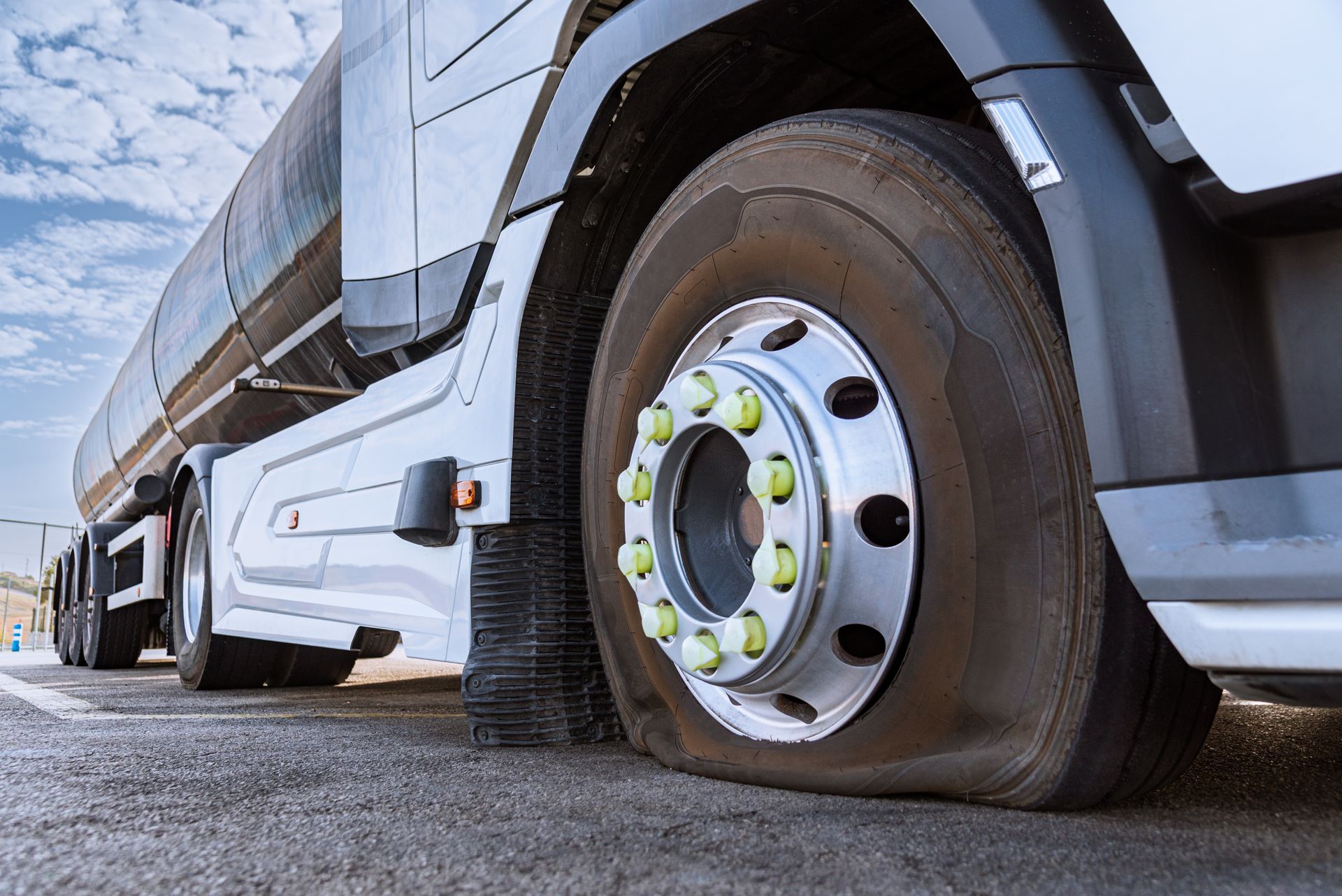 Flat bus tire with metal wheel rim on a road, close-up view.