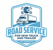 Blue logo of a semi truck service company with wrench, reading &ldquo;Road Service for Semi Truck and Trailer&rdquo;