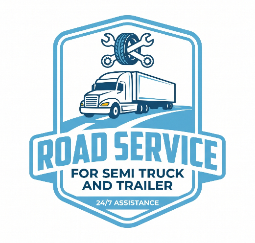 Blue logo of a semi truck service company with wrench, reading &ldquo;Road Service for Semi Truck and Trailer&rdquo;