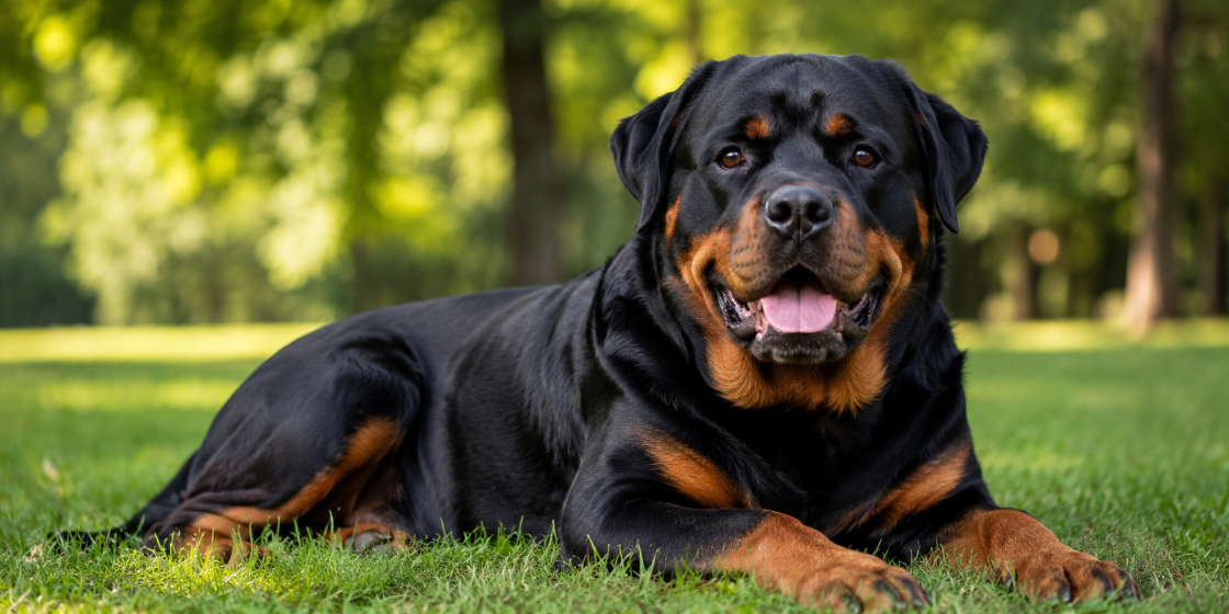 Rottweiler lying on grass in a sunny park, looking alert with mouth open and tongue out