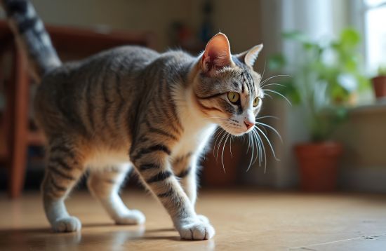 Tabby cat walking on a wooden floor in a sunlit room with potted plants - osteoarthritis in cats sympoms