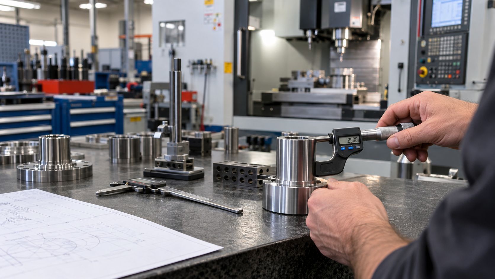 Hands measuring a metal part on a factory workbench with precision tools and machinery in the background