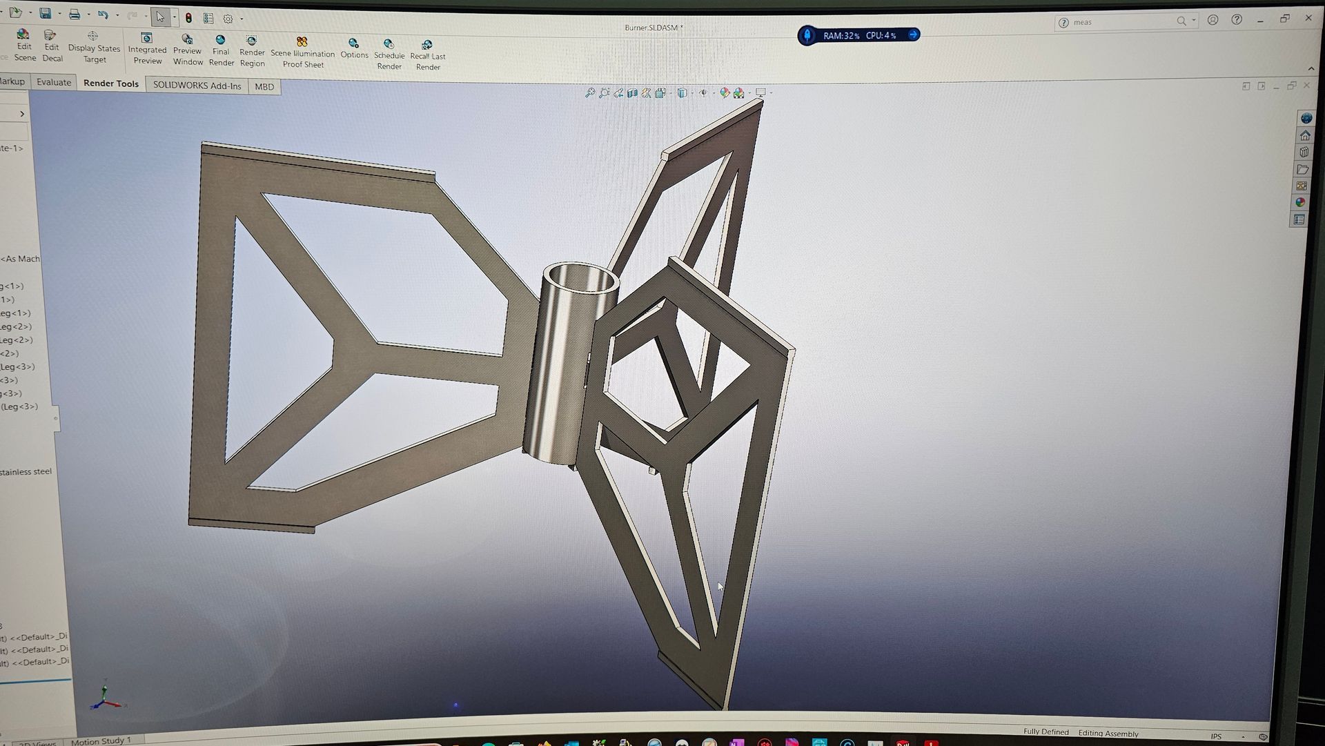 CAD model of a geometric metal frame with three wing-like panels on a computer screen