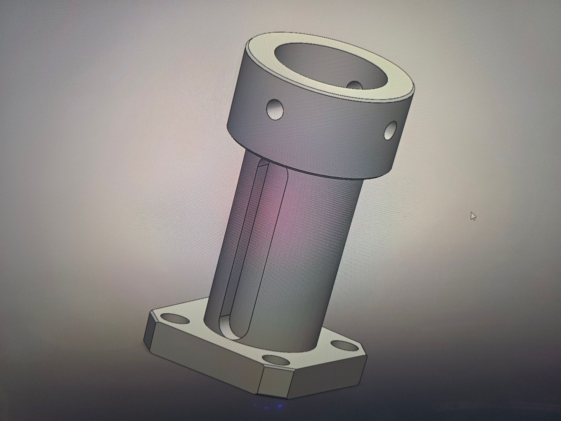 3D CAD model of a gray angled cylindrical bracket with mounting holes on a square base